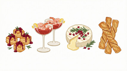 Set of festive holiday appetizers illustration featuring shrimp cocktail, baked brie with pomegranate, cranberry pastry bites, and cheese twists isolated on white background.