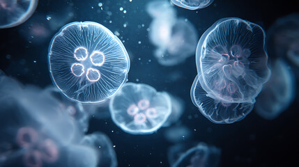 Close up of bioluminescent jellyfish with intricate details in deep ocean