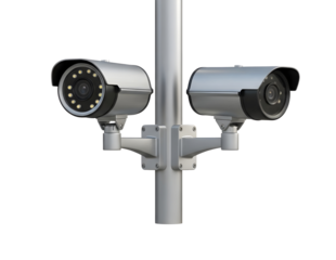 Two surveillance cameras mounted on a pole isolated on transparent background