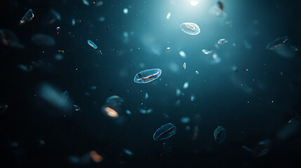 Abstract Underwater Organisms Illuminated by Deep Blue Light Rays