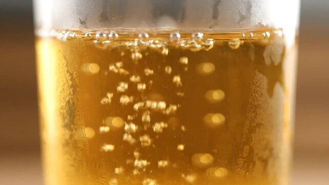 Refreshing golden beer with effervescent bubbles fizzing in a clear glass, an abstract concept of a cool alcoholic beverage