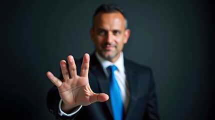 Businessman in a dark suit reaching out his hand towards the camera in a stopping or touching gesture against a dark background.