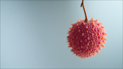 Vibrant Red Lychee Fruit Hanging Against a Soft Blue Background