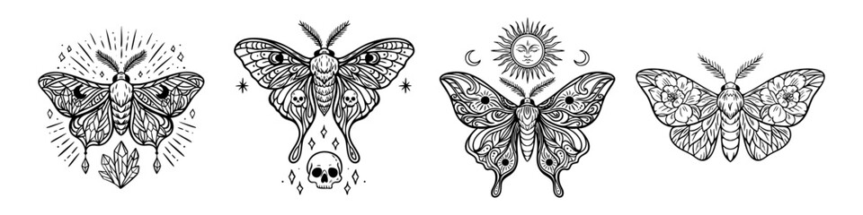 Fototapeta premium Set of mystical boho moths with celestial and esoteric symbols