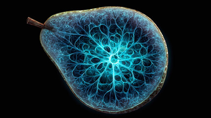 A surreal pear, showcasing an intricate network of glowing veins against a dark background, evoking a sense of wonder and biological complexity.