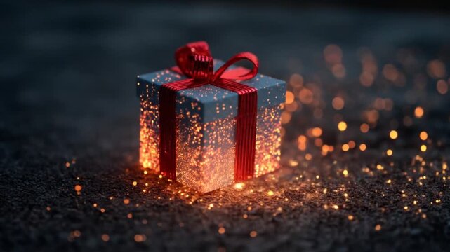 A beautifully wrapped gift box with a shimmering red ribbon sits on a textured surface, surrounded by glowing sparkles, creating a magical atmosphere perfect for celebrations
