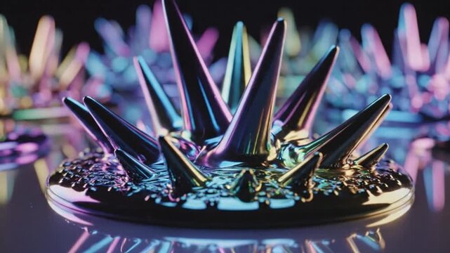 Abstract ferrofluid magnetic liquid spikes with iridescent metallic colors moving in slow motion, macro 3d animation of futuristic scientific fluid dynamics and nanotechnology background. Ai Generated