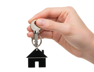 Hand holding house key with house shaped keychain isolated on transparent background