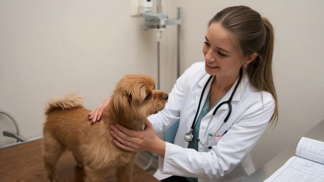 Placing, female vet examining small brown dog on exam table for checkup, wearing white lab coat