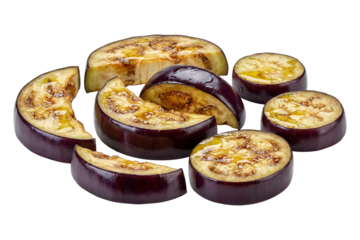 Deliciously prepared eggplant slices ready for culinary use on a white background