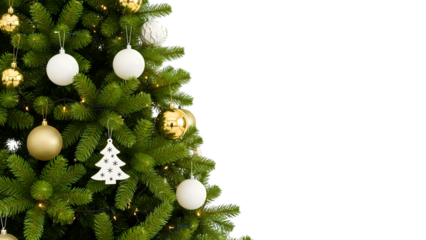 Christmas tree with white and gold ornaments and lights isolated on a transparent background