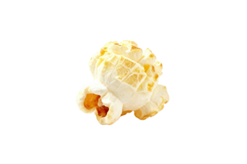 A close-up view of a single popped popcorn kernel on a white background