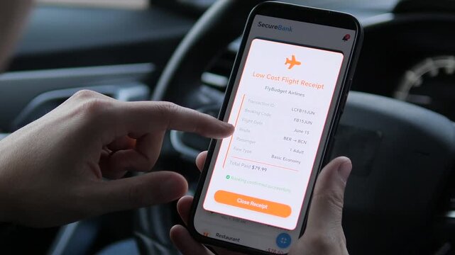 A driver reviews a specific transaction in his mobile banking app a payment for a low-cost airline ticket, examining the merchant details and amount. This video represents financial diligence, travel