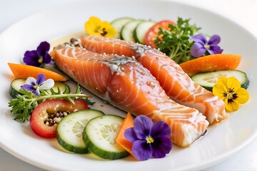 Grilled salmon steak with fresh vegetables on a plate