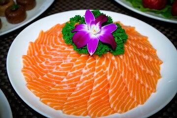 Fresh salmon on a plate with a fork and colorful gourmet seafood garnishes