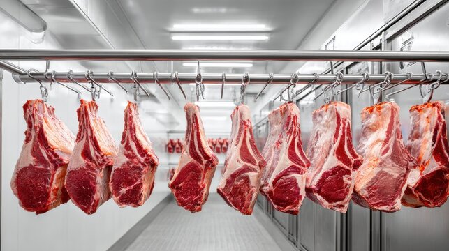 Fresh raw beef cuts hang in a clean, modern cold storage