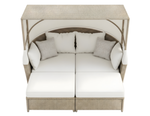 Wicker outdoor daybed with canopy and cushions isolated on transparent background