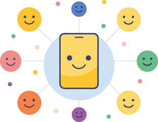 Phone surrounded by happy emoji icons connected by lines vector illustration scalable eps