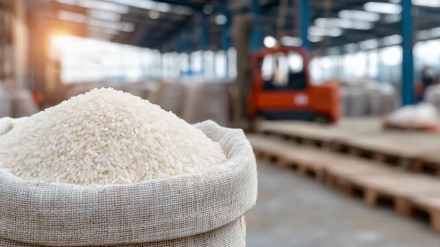 Close-up of basmati rice inside a half-open white sack on a concrete warehouse floor, focus on purity and grain detail