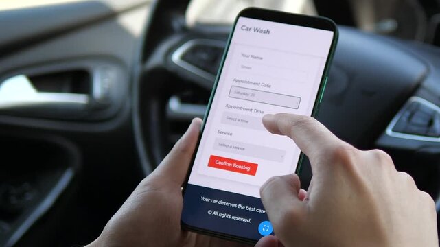 a driver using a dedicated mobile app to effortlessly schedule a car wash, selecting date, time, and service type. This video represents modern vehicle upkeep, the ease of on-demand services, and