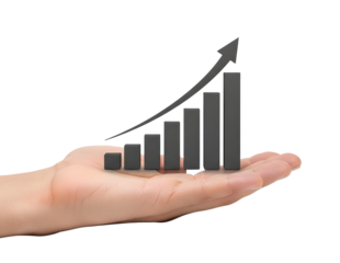 Hand holding a rising bar graph representing financial growth isolated on transparent background