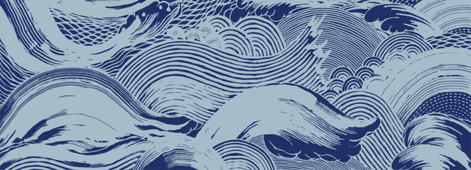 Hand drawn brush line intricate Japanese style waves and foam pattern, ethnic and tribal wood carving, block print texture background for banner and design project
