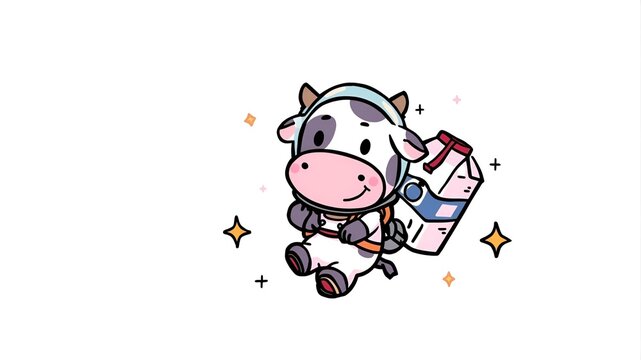 Cute cartoon cow astronaut floating in space with milk backpack