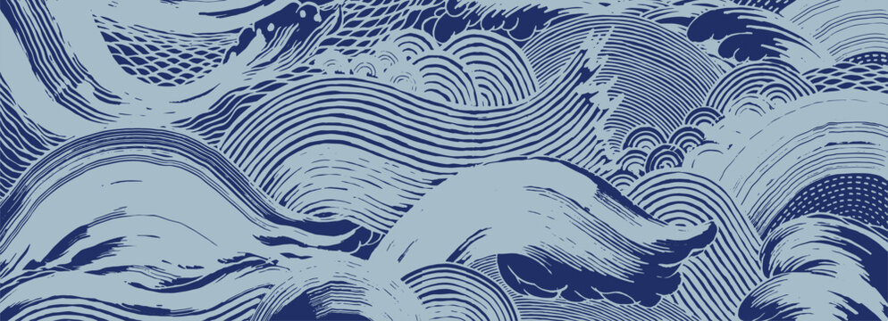 Hand drawn brush line intricate Japanese style waves and foam pattern, ethnic and tribal wood carving, block print texture background for banner and design project
