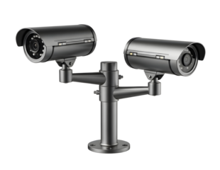 Two surveillance cameras mounted on a pole isolated on transparent background