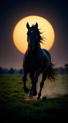 a horse galloping in front of the full moon - generative ai