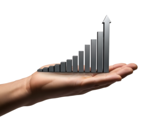 Hand holding a rising bar graph representing financial growth isolated on transparent background