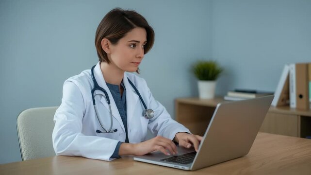 Placing hands on laptop, Dr in white coat scrubs stethoscope typing at clinic desk updating records