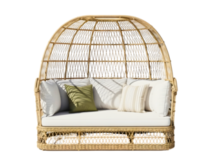 Wicker outdoor daybed with canopy and cushions isolated on transparent background