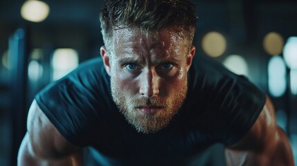 An athlete with an intense gaze and sweaty skin demonstrates extreme exertion in the gym, suitable for motivational background images in fitness apps.