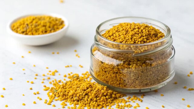 jar of bee pollen on white background video orbit