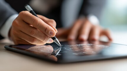 Closeup of hands holding a stylus electronically signing a legal document on a touchscreen device highlighting secure and integrated esigning methods.