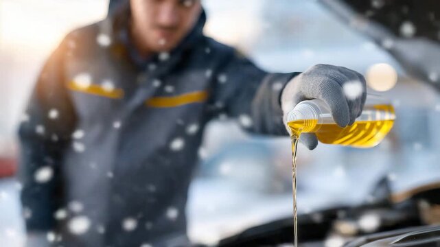 Driver holding bright antifreeze bottle over open hood, vibrant liquid catching strong winter sunlight as it pours, clean and modern car design highlighted, snowless cold morning f