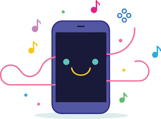 Smart phone music player illustration with glowing interface and musical notes vector art