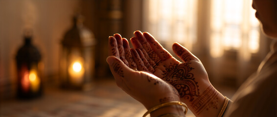 A Muslim woman's hands with intricate henna designs in a prayer gesture. Islamic spiritual moment during Ramadan with a glowing lantern in the background. Banner for Ramadan Kareem or Eid celebration