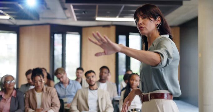 Woman, podium and presentation with speech at seminar for training, press conference or media coverage. Presenter, briefing and audience listening in journalism workshop, public relations and upskill
