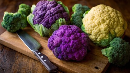 Fresh purple, green, yellow cauliflower with broccoli on wooden cutting board, knife ready for chopping and cooking, healthy vegetables preparation, colorful food ingredients for meal and kitchen use