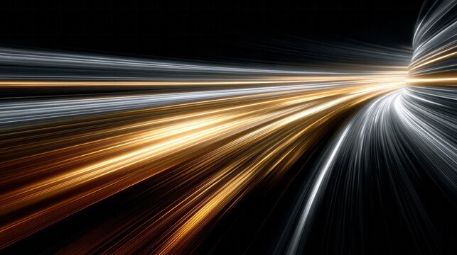 Glowing light streaks race through a dark tunnel.