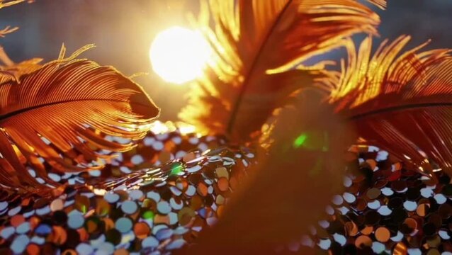 Golden sunset highlighting feathers and sequins in warm tones.
