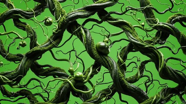Emerging Blooms from Nature's Depths with abstract vines growing across pure effect green screen organic growths style featuring vine