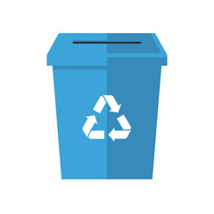 Blue recycling bin with universal recycle symbol, clean eco container for paper waste collection promoting sustainability, waste sorting and environmental responsibility in flat vector style
