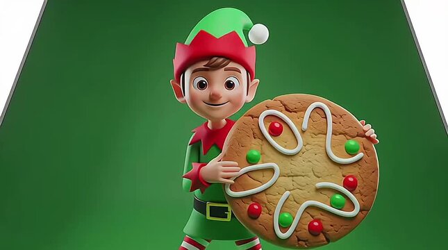 A cheerful 3D cartoon elf in a green and red outfit holding a large, decorated Christmas cookie against a green background.