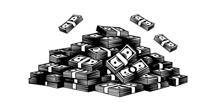 A black and white comic-style illustration of a large pile of banded cash stacks, with three individual money bundles floating above the main mound against a stark white background