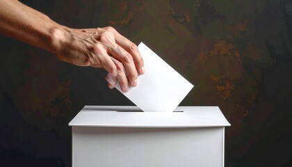 Hand Inserting Paper into White Ballot Box on Wooden Surface