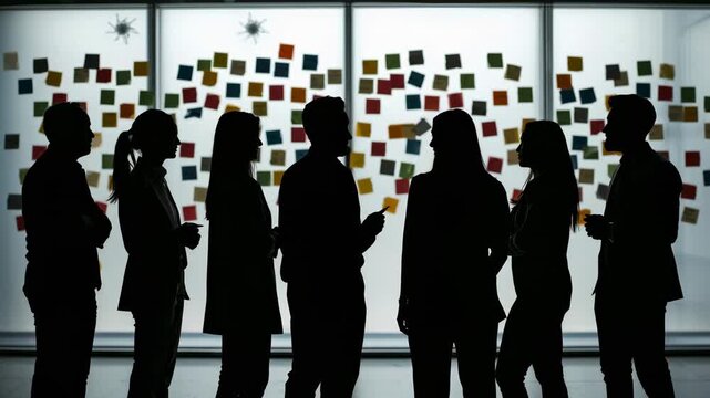 Gesturing lead person holding sticky note reviewing notes with team in blazers by backlit note wall