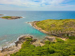 Imagem a&eacute;rea do arquip&eacute;lado das 3 ilhas, para&iacute;so de &aacute;guas cristalinas localizado no litoral da cidade de Guarapari. Sul do estado do Esp&iacute;rito Santo.